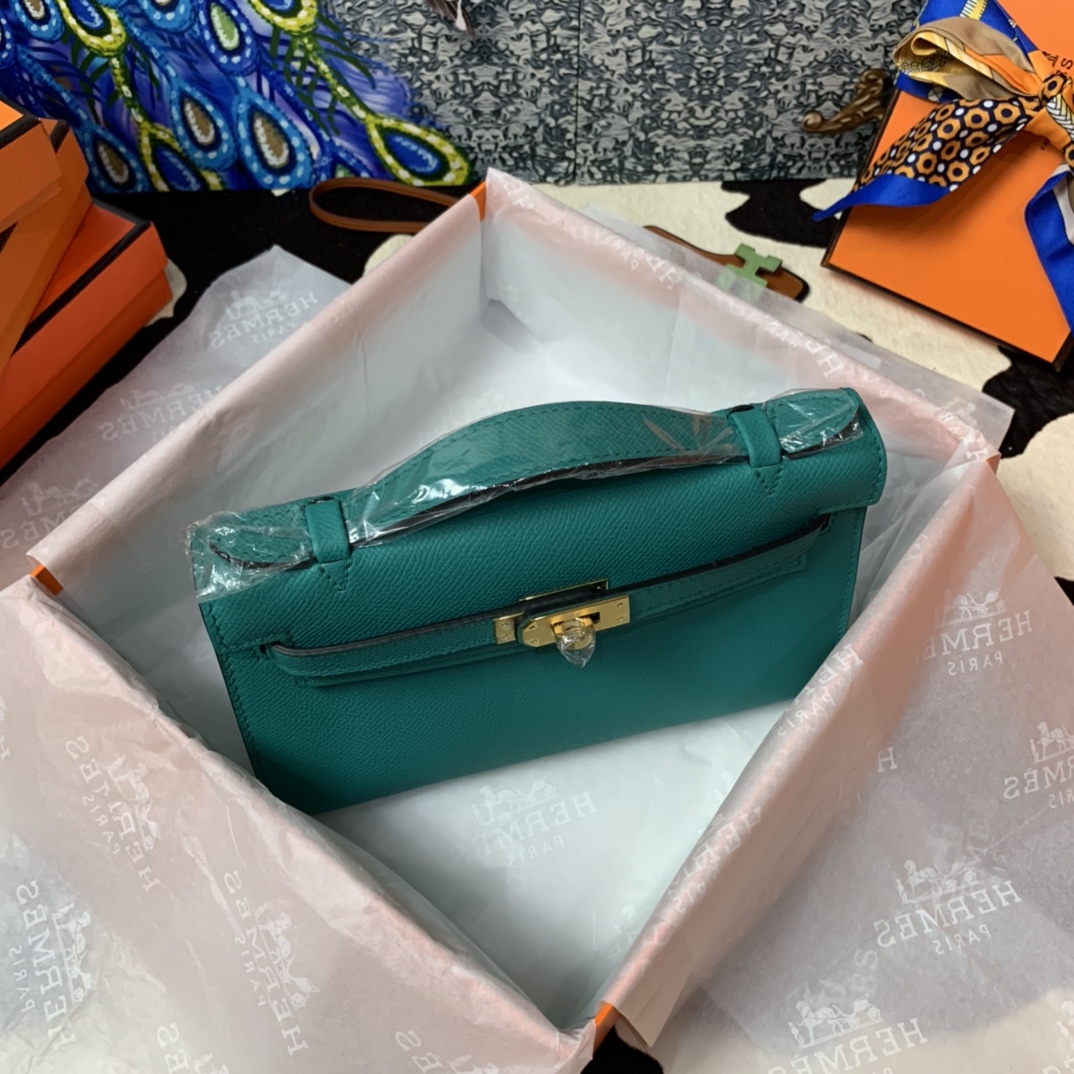 Hermes Mini Kelly Pochette 22cm Bag In Peacock Green Epsom Leather